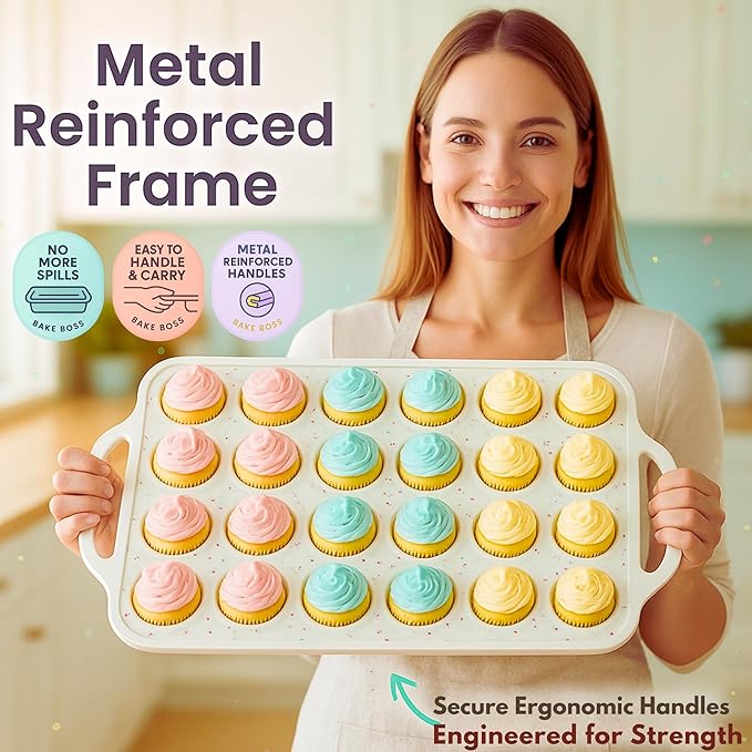 2-Pack Silicone Muffin Pan Set – Regular 12 Cup & Mini 24-Cup Silicone Muffin Pans for Baking – Nonstick Silicone Cupcake Pan with Metal-Reinforced Handles – BPA-Free, Dishwasher-Safe, Cream
