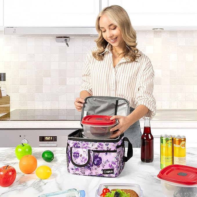 opux Insulated Lunch Bag for Men Women, Leakproof Floral Purple Lunch Box for Work, Portable Soft Lunch Cooler Bag with Shoulder Strap, Adult Lunchbox Lunch Pail for Kid Boy Girl School, 14 Can/8L