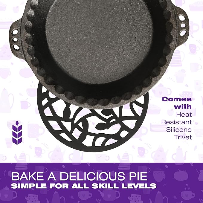 KUHA Cast Iron Pie Pan | Pre-Seasoned Round Cast Iron Pan for Apple, Pumpkin & Cherry Pies, Quiche & Tarts | For Baking & Serving | Silicone Trivet Included | 9", 2" Deep