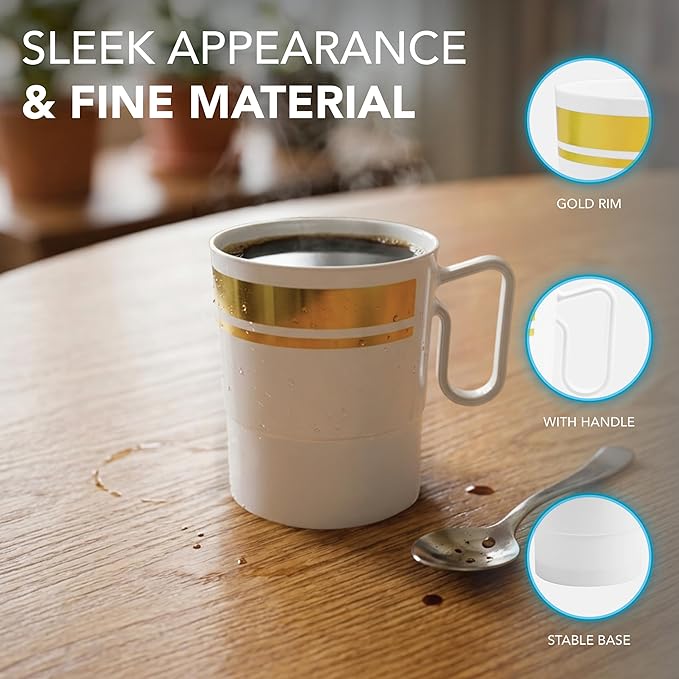 Party Essentials 8-Ounce Hard Plastic Coffee Cup/Tea Mug with Handle, 20-Count, White W/Gold Rim
