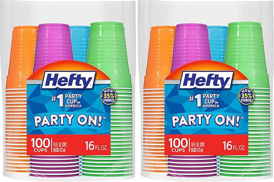 Hefty Plastic Cups, 16 Ounce, Disposable | 100 Count | Pack of 2 | Party | Assorted