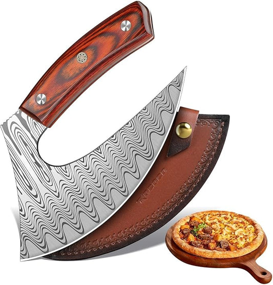 ROCOCO Pizza Cutter Ulu Knife – Full Tang Mezzaluna Rocker Chopper with Sheath for Kitchen, Camping, BBQ, Christmas Gifts Men Women