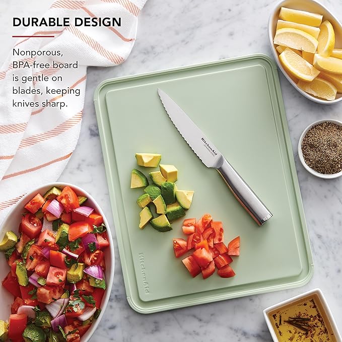 KitchenAid Classic Plastic Cutting Board with Perimeter Trench and Non Slip Edges, Dishwasher Safe, 11 inch x 14 inch, Green