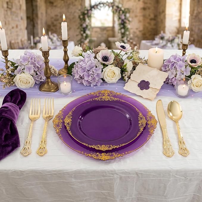 102PCS Purple and Gold Plastic Plates - High End Purple Disposable Plate Easter - Vintage Dinner & Dessert Plates for 51 Guests Birthday Easter Party Wedding