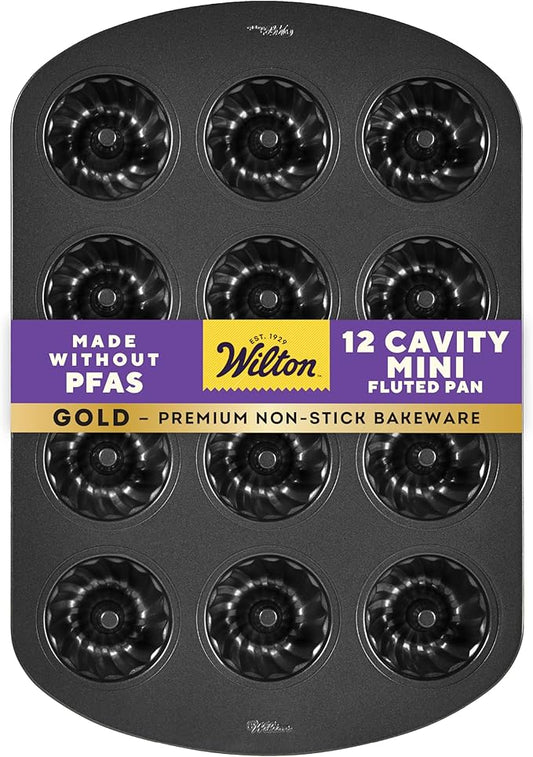 Wilton Gold Non-Stick 12-Cavity Mini Fluted Cake Pan, Cold-Rolled Steel Bakeware, Made Without PFAS, Packaging May Vary