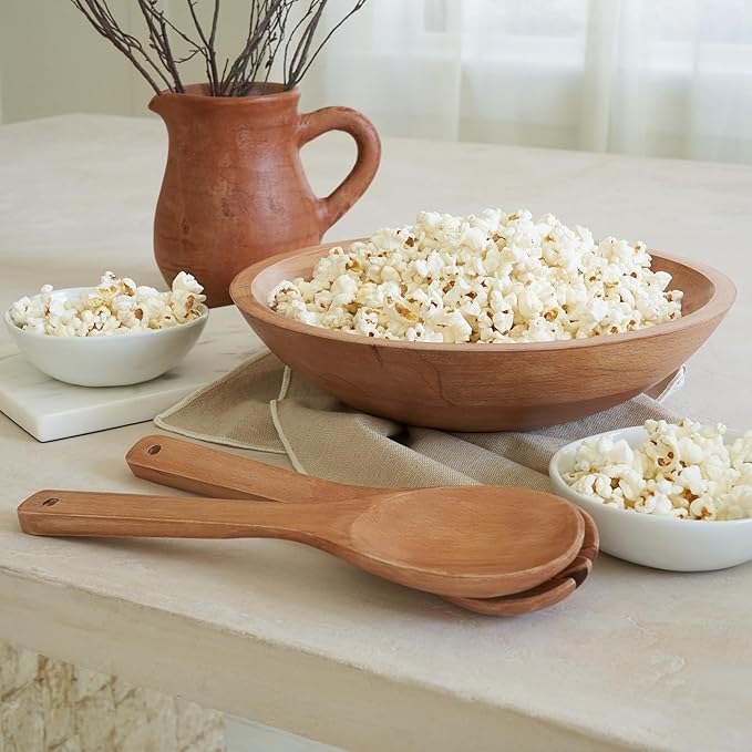 Extra Large Wooden Salad Bowl Set With Serving Utensils - A Beautiful Party Salad & Fruit Bowl With Serving Spoons Perfect for Your Dinner Party - Decorative & Practical Kitchen Must-Have