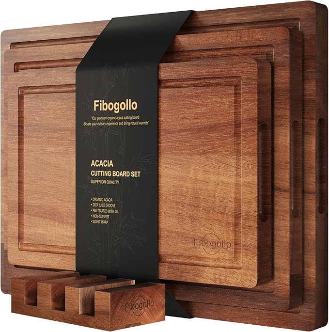 Acacia Wood Cutting Boards for Kitchen(Set of 3),Wooden Chopping Boards Set with Juice Groove, Large Serving Board with Holder,Butcher Block for Meat,Vegetables,Fruit
