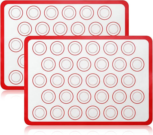 2-Pack Baking Mat with Circles – Silicone Macaron & Cookie Sheet Liners, Non-Stick BPA-Free Reusable Silicone Mats for Half Sheet Pans for Precision Baking & Candy, White with Red Edge