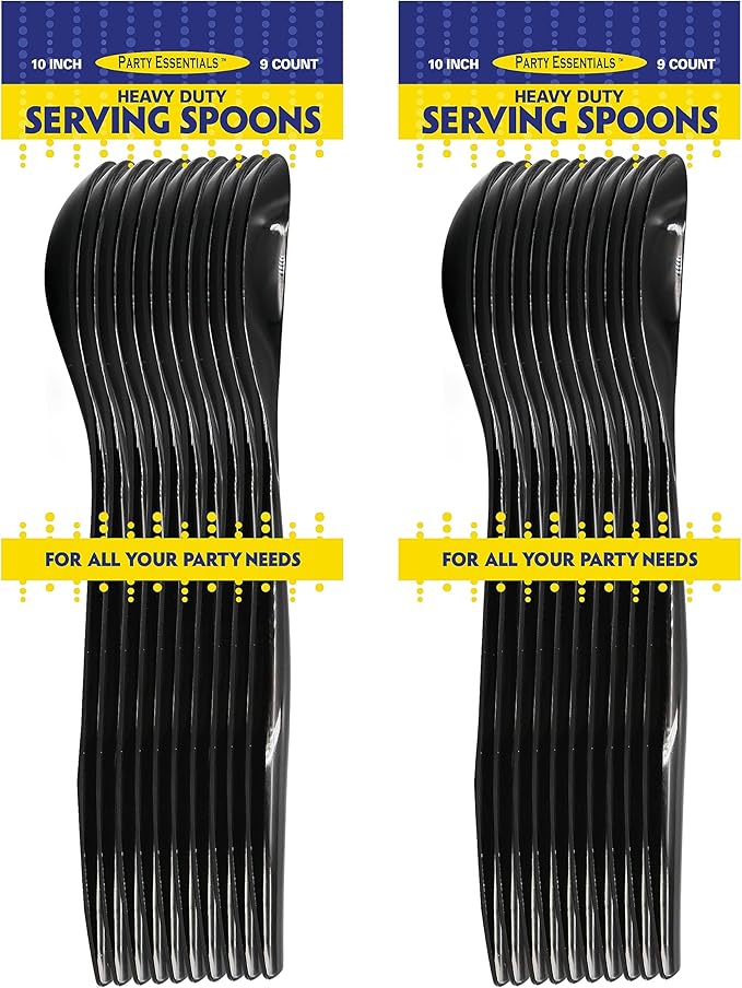 Party Essentials Disposable Heavy Duty Plastic Serving Utensils for Buffets Events Parties, 18-Count 10" Spoons, Black