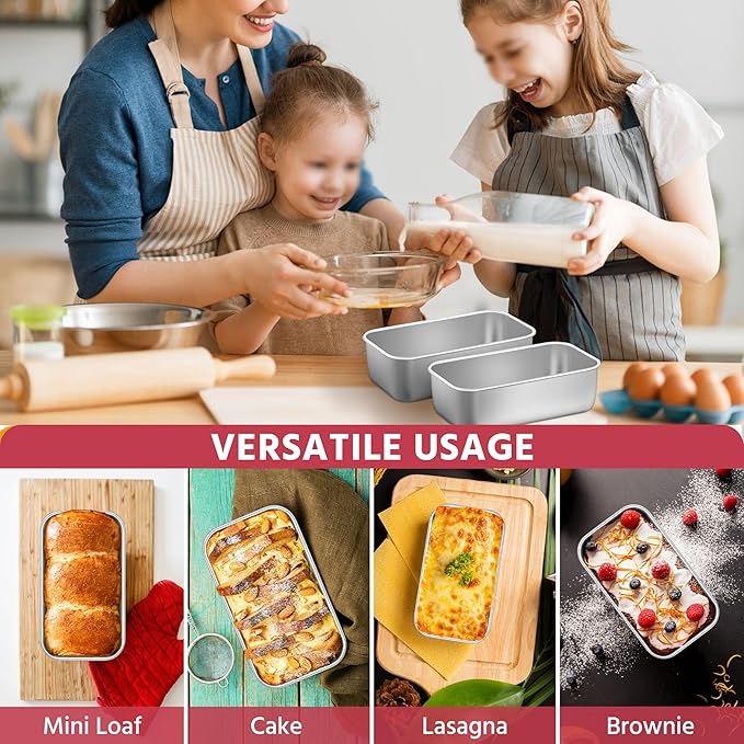 E-far Mini Loaf Pan Set of 4, Small Stainless Steel Bread Baking Pans for Oven, 6.3 x 3.5 Inch Tiny Meatloaf Pans for Homemade Bread Pound Cake Brownies, Non-toxic & Dishwasher Safe