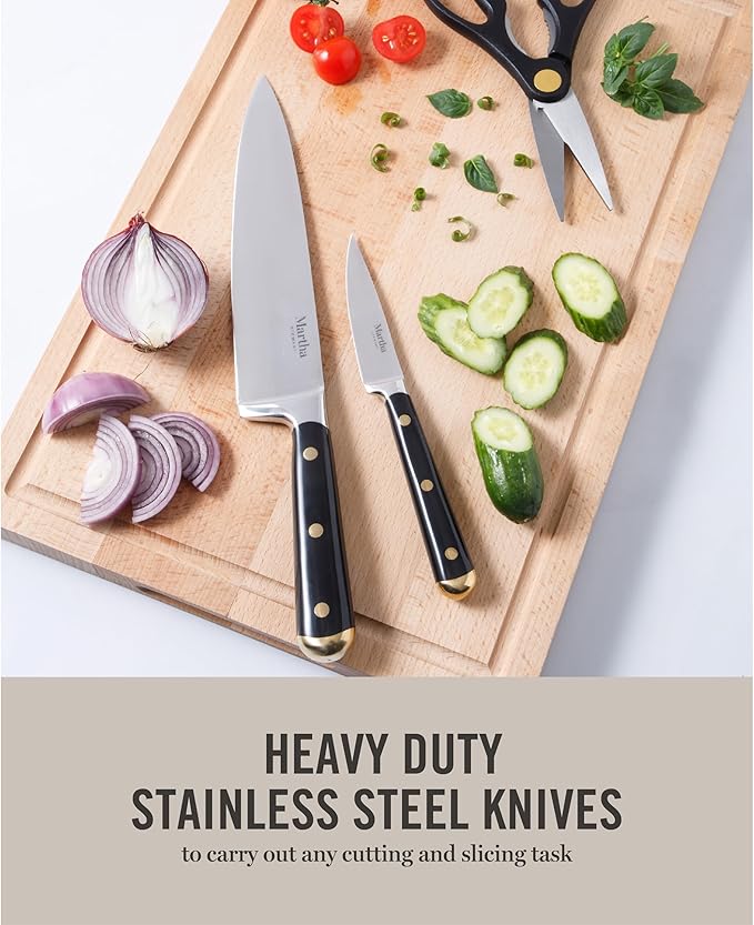 Martha Stewart 16 Piece Lockton High Carbon Stainless Steel Cutlery Kitchen Knife Block Set W/ABS Triple Riveted Forged Handle Acacia Wood Block - Black W/Gold