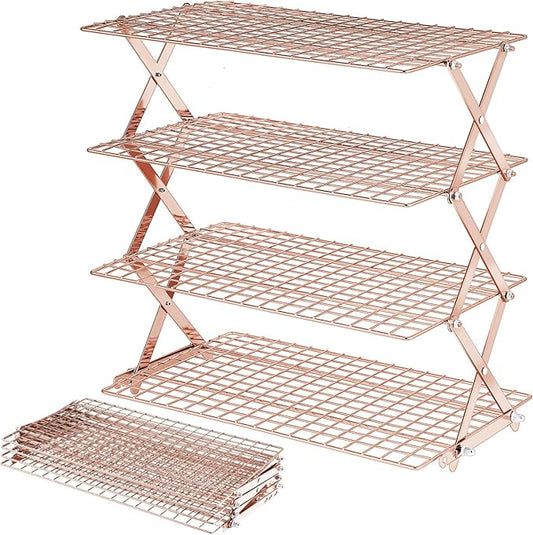 BEWOS 4 Tier Collapsible Cooling Rack - Adjustable Stainless Steel Baking Rack with Mesh Leak Proof，Foldable X-Shaped Structure Cooling Racks for Cooking and Baking, Dishwasher Safe（ Rose Gold）