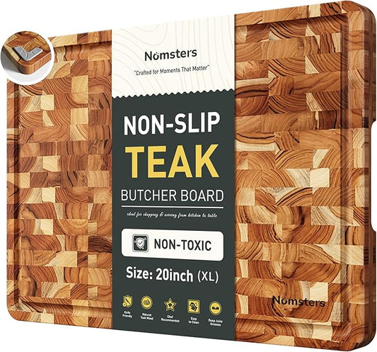 Teak Wood Extra Large End Grain Cutting Board for Kitchen with Non-slip Feet, Heavy Duty Checkered Cutting Board Handcrafted Luxury Chopping Board for Cheese and Vegetables Housewarming Gift