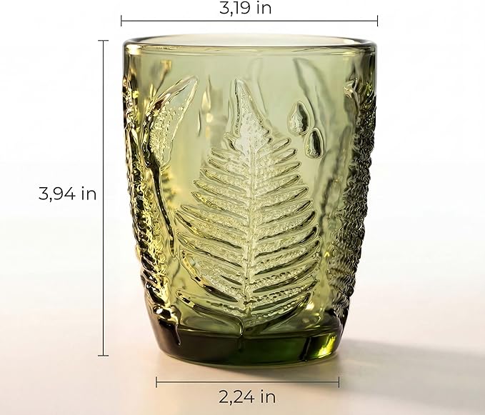 Vintage Green Drinking Glass, 10 oz Hand-Pressed Deep Textured Glass Cup, Fern Embossed Retro Glassware, Decorative Tumbler for Water, Cocktails & Juice, Boho Colored Kitchen Drinkware, Unique Gift