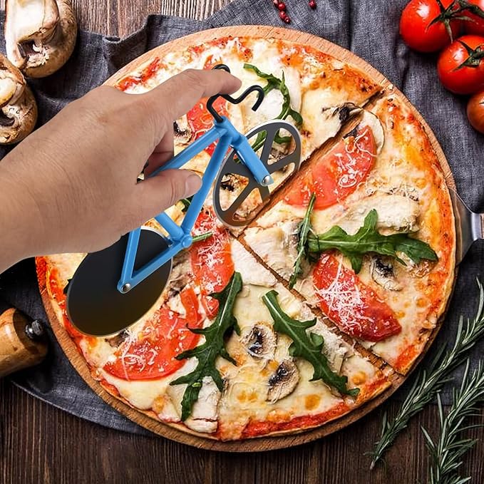 Motorcycle pizza cutter, stainless steel pizza cutter two wheels, novelty motorcycle-shaped pizza wheel cutting slicer with non-stick coating, suitable for kitchen gadgets accessories (bicycle)