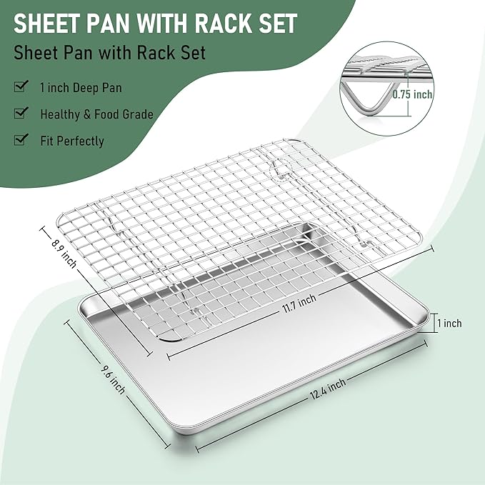 Baking Sheet with Wire Rack Set (1 Pan+1 Rack), Homikit 12" x 10" Stainless Steel Quarter Sheet Pan with Grid Cooling Rack for Toaster Oven Roasting, Metal Bacon Cookie Trays Nonstick Jelly Roll Pan