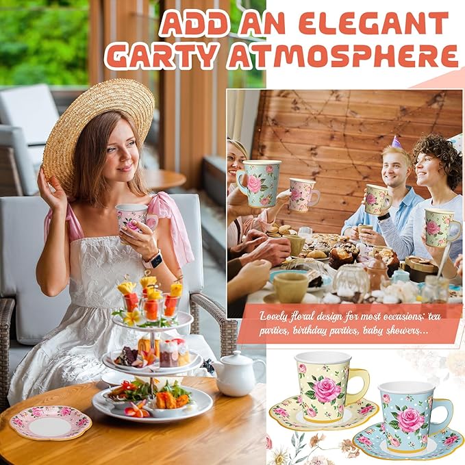 Umigy 60 Sets Spring Tea Party Decorations 9 oz Floral Paper Teacups & Saucer Set for Girls Women Afternoon Tea Parties Mothers Day Bridal Shower Wedding Birthday Party Decorations(Multicolored)