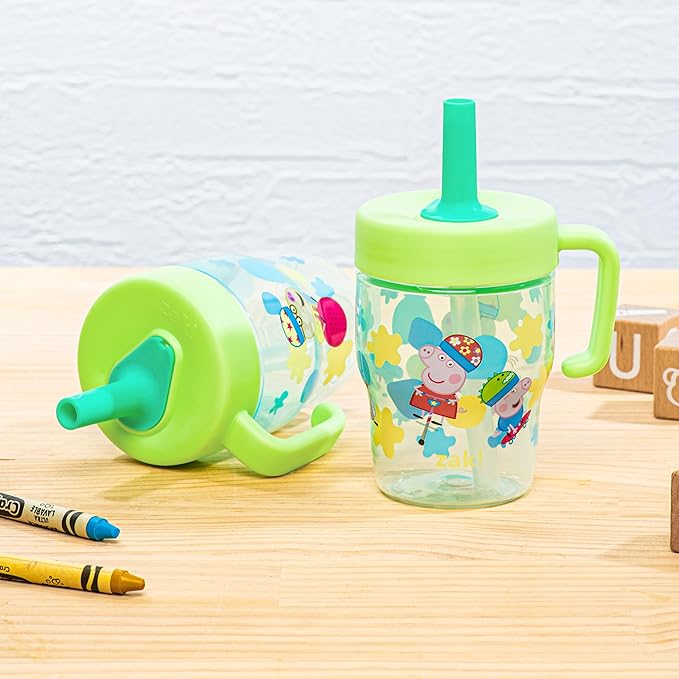 Zak Designs Peppa Pig Capri Toddler Tumbler For Travel or At Home, 10oz 2-Pack Durable Plastic Sippy Cups With Handle and Leak-Proof Design are Perfect For Kids (Peppa and George)