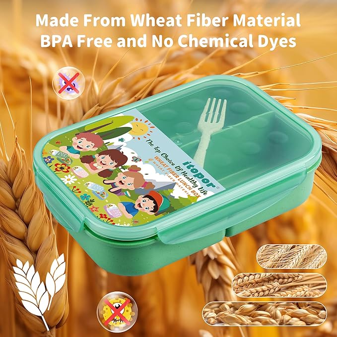 Wheat Straw Lunch Box, Leakproof 3-Compartment Bento Box for Kids & Adults, BPA-Free, Microwave & Dishwasher Safe, 5.5 Cup/1400 ml, Sage Green