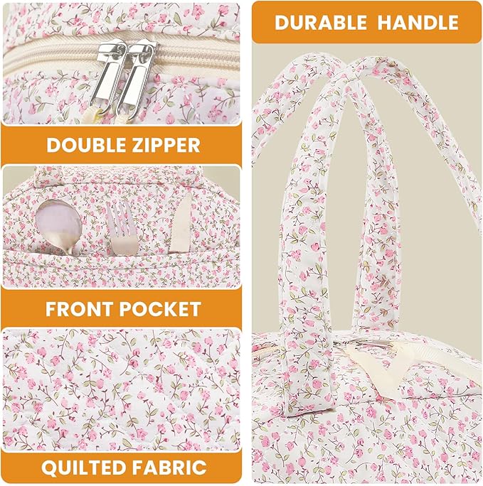 Quilted Lunch Box for Women,Coquette Aesthetic Lunch Box for Teen Girls,Cute Floral Lunch Bags for Work, School,Office,Picnic,Travel (pink floral)