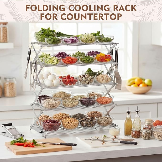 Novabright Cooling Rack for Baking, 5-Tier 16" x 10" Collapsible Stackable Food Grade Stainless Steel Wire Rack for Cookies, Cake, Bread, Pizza, Kitchen Countertop Space Saving