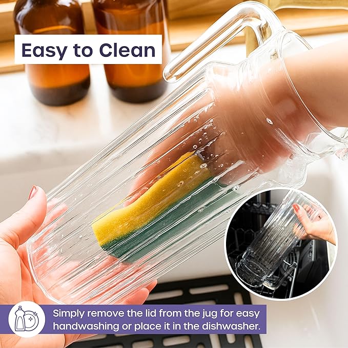 Glass Pitcher with Lid – 2 Pack 55 oz Glass Water Pitcher, Iced Tea Pitcher with Handle, Ribbed Juice Container for Fridge, Glass Beverage Container for Lemonade, Milk, Drinks