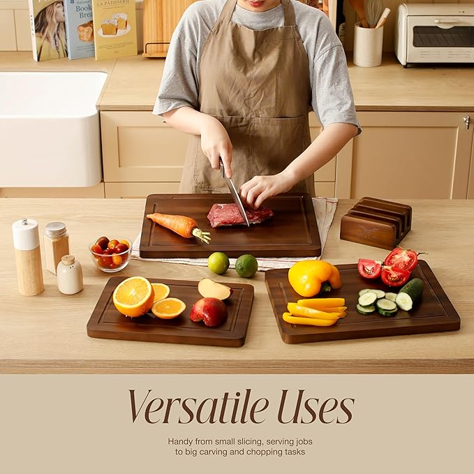 Acacia Wood Cutting Board Set of 3 with Stand - Thick Wooden Chopping Boards with Deep Juice Grooves - Non-Slip & Durable Wooden Boards for Meat & Vegetables (16x12, 14x10, 12x8) - Walnut