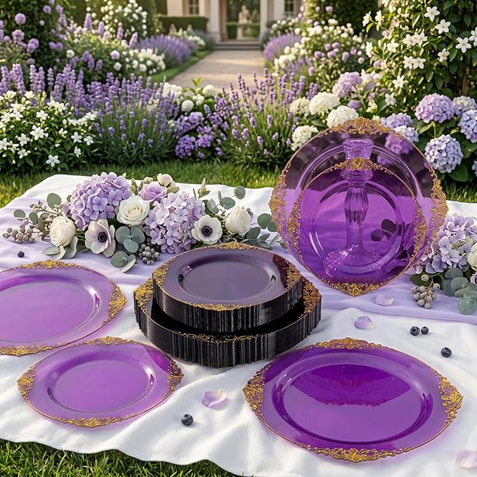 102PCS Purple and Gold Plastic Plates - High End Purple Disposable Plate Easter - Vintage Dinner & Dessert Plates for 51 Guests Birthday Easter Party Wedding