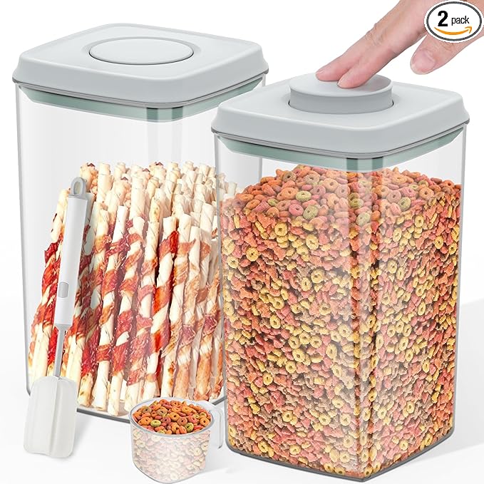 4.2Qt 2Pack Airtight Dog Cat Food Storage Container and Dog Treat Containers BPA-Free, PET Clear Stackable Pet Storage Bin, 1 Cup Scoop, 1 Sponge cleaning brush, Pop Top, With handle (Grey)