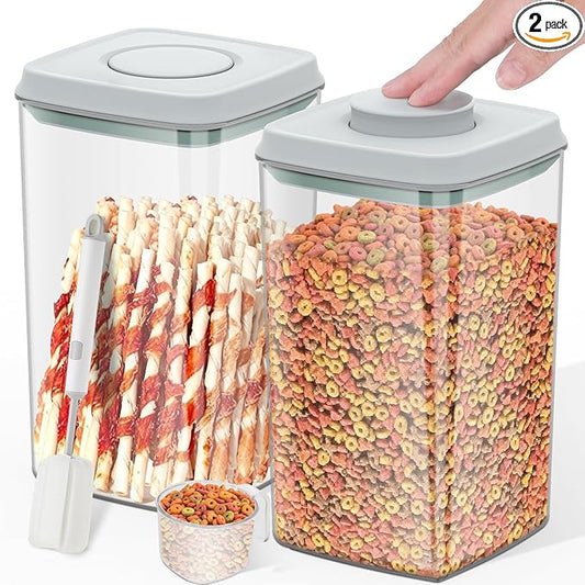 4.2Qt 2Pack Airtight Dog Cat Food Storage Container and Dog Treat Containers BPA-Free, PET Clear Stackable Pet Storage Bin, 1 Cup Scoop, 1 Sponge cleaning brush, Pop Top, With handle (Grey)