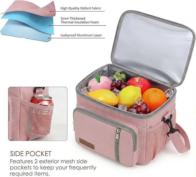 MIYCOO Lunch Box Lunch Bag for Women - Insulated LunchBox Leakproof Cooler Tote, Reusable Soft Bag with Shoulder Strap for Work, Picnic, Beach & Travel, 12-Can (9L) - Pink