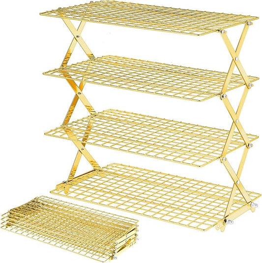 BEWOS 4 Tier Collapsible Cooling Rack - Adjustable Stainless Steel Baking Rack with Mesh Leak Proof，Foldable X-Shaped Structure Cooling Racks for Cooking and Baking, Dishwasher Safe（Gold）