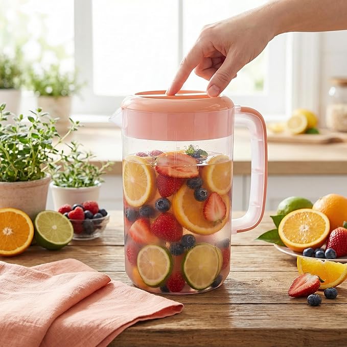 Jucoan 2 Pack 1 Gallon Plastic Pitcher with Lid, Large Water Drink Pitcher, Ice Tea Pitchers with Strainer Cover, Handles, Measurements for Party Sun Tea, Lemonade, Sangria, Cold Brew