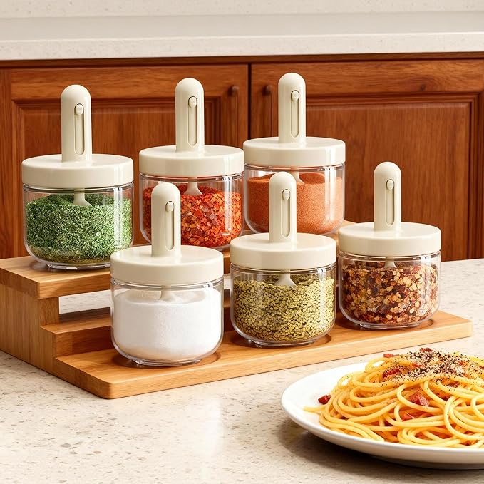ShanSon 6-Piece Airtight Kitchen Spice Jars 10.16oz/300ml Glass Containers with Built-in Spoon for kitchen pantry