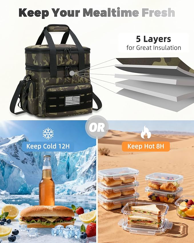 Tactical Lunch Bag & Lunch Box for Men - Large Double Deck Expandable Insulated Soft Adult Lunchbox for Work - Cooler Bag for Beach, Picnic, Camping,Outdoor，Travel (Camo,23L)