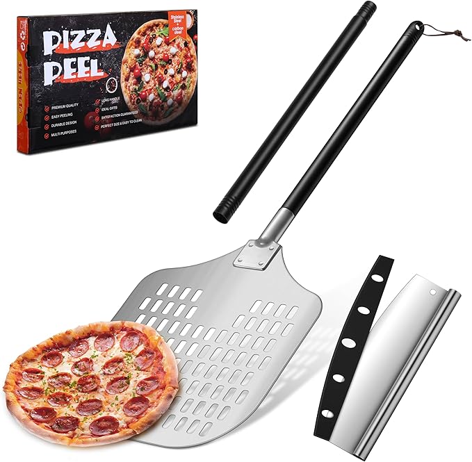 12 Inch Perforated Pizza Peel Aluminum Pizzas Spatula, Joyfair Metal Pizza Paddle with Rocker Cutter Pizza Oven Accessories Turning Tool Set, 38.5”- 49” Long Detachable Handles (Painted Handle)