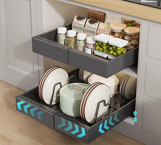2 Pack Pull out Cabinet Organizer 21" Deep With Raising Pad for Framed Cabinets, Expandable (9"-14" W) Slide out Drawers for Kitchen Cabinets with 4pcs Divider Racks, Roll out Shelves, Black