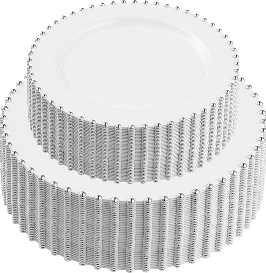 PLASTICPRO 128 Piece Combo Plastic Dinner Plates Disposable Plastic Fancy Heavy Duty Party Dishes 7 inch and 10 inch, White and Silver Beaded