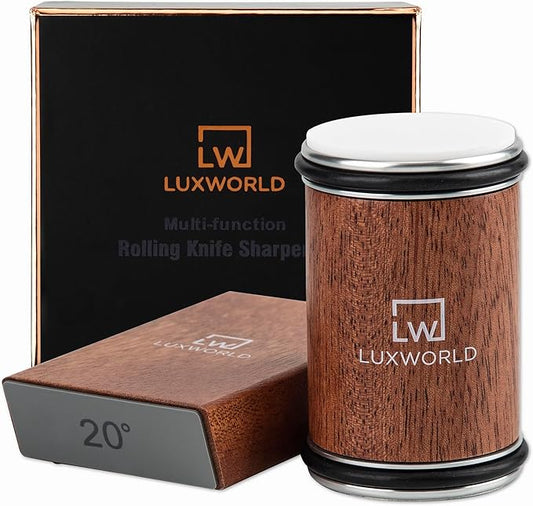 Premium Rolling Knife Sharpener – Diamond & Ceramic Disc Knife Sharpener for Kitchen & Pocket Knives – Manual Sharpening Tool with Magnetic Angle Base 15° & 20° – Professional Razor Edge Tool (Brown)