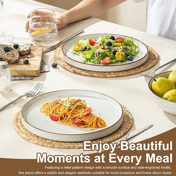 Dinner Salad Plates Set of 4, 10 Inch Salad Plates with Embossments, Dessert, Salad, Appetizer, Dinner Plate, Microwave, Dishwasher Safe,Scratch Resistant