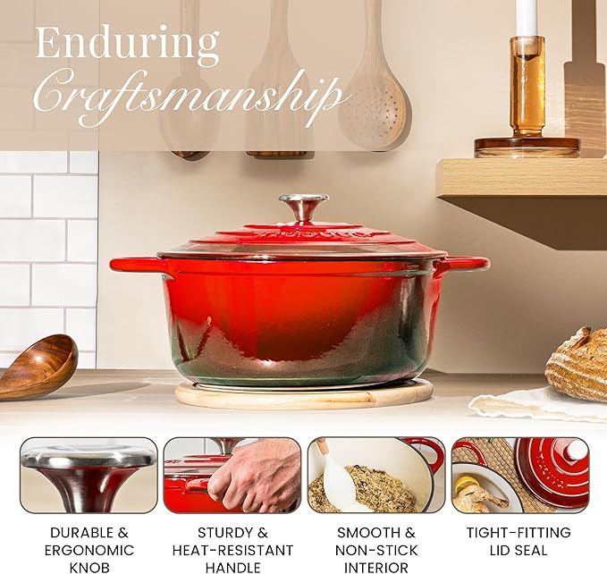 Cast Iron Dutch Oven with Lid – Non-Stick Ovenproof Enamelled Casserole Pot – Sturdy Dutch Oven Cookware – Red, 3.1-Quart, 22cm – by Nuovva
