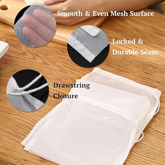 Reusable Fine Mesh Strainer Bag, Multi-Use Nylon Filter for Nut Milk Brewing & Juice Extraction, Food Grade Filtration Bag (6PCS)