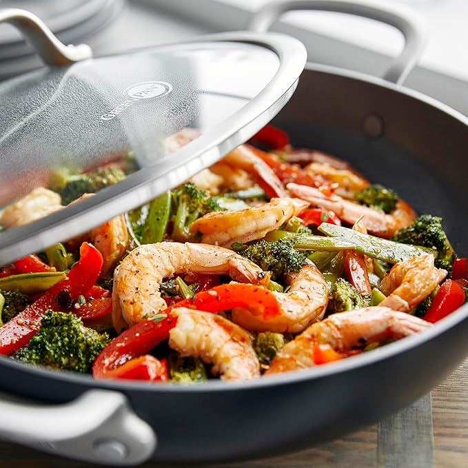 GreenPan Healthy Ceramic Nonstick 12" Everyday Frying Pan with 2 Handles and Lid, PFAS-Free, Multi Clad, Induction, Dishwasher Safe, Oven Safe, Black