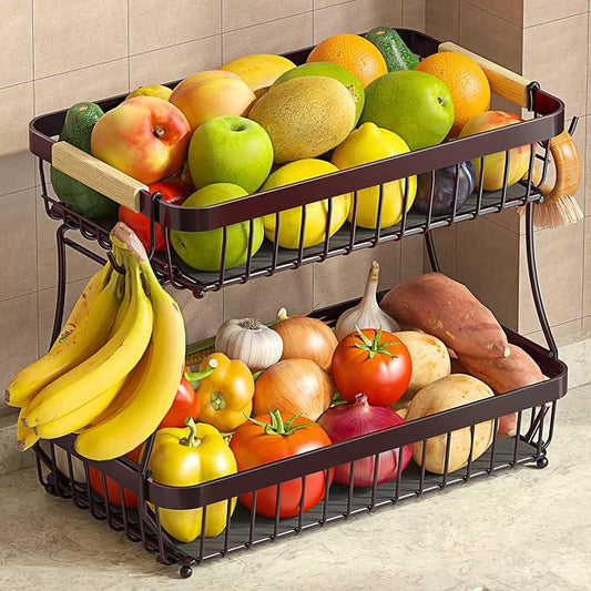 2 Tier Large Fruit Basket for Kitchen Counter with 2 Mobile Banana Hangers, 2026 Pro Detachable Metal Fruit Bowl with Wooden Handle (Brown, 2 Tier)