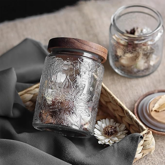 23.7 fl oz Vintage Glass Jar with Wooden Lid, Airtight Decorative Food Storage Canisters for Kitchen Counter & Pantry, Ideal for Candy, Sugar, Coffee,salt, Tea, Cereal, Flour, Oats