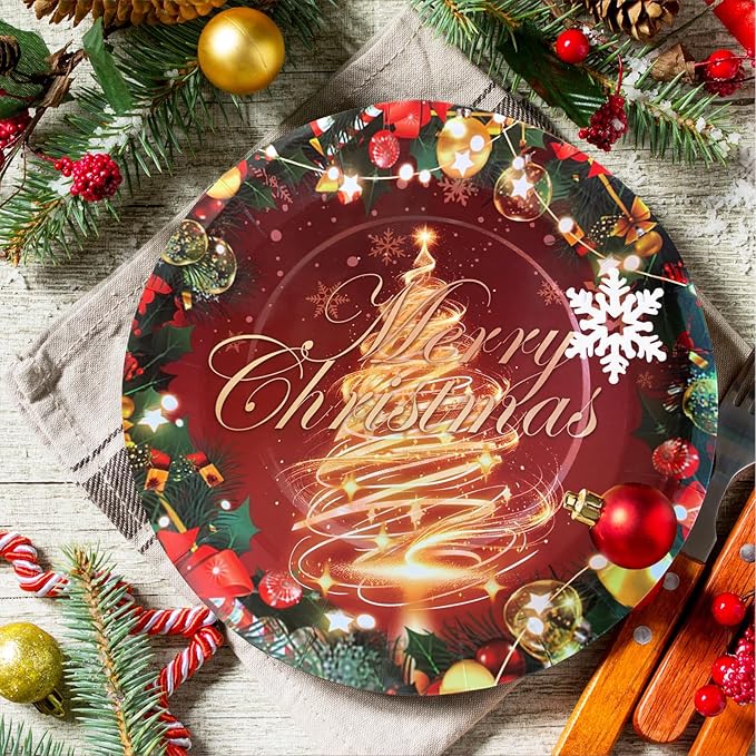 Christmas Paper Plates, 40pcs Party Paper Plate Set Disposable Christma Party Food Dinner Dessert Plates Tableware Decorations Favors, Including 20pcs 9" and 20pcs 7" for Christmas Plate