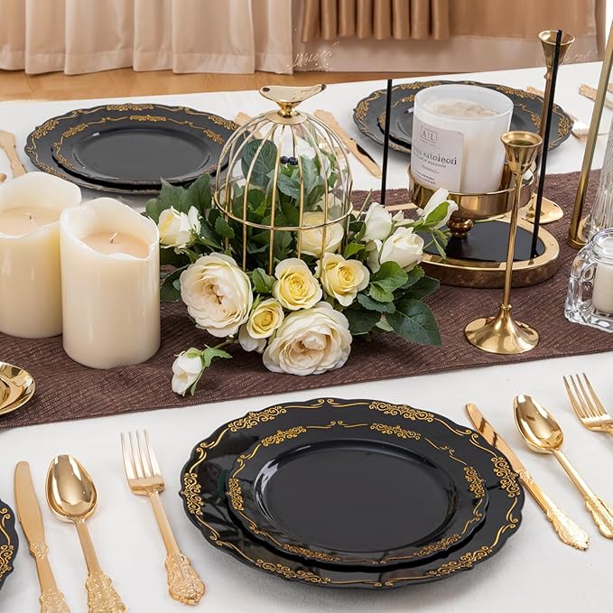 DaYammi 60PCS Black and Gold Plastic Plates, Heavy Duty Black and Gold Disposable Plates Premium 7.5 inch Dessert Cake Salad Appetizer Plate Hard Plastic Plate Disposable for Party Wedding