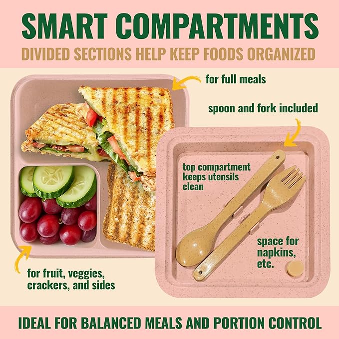 Lunch Box for Kids, Large 2-Compartment, Durable and Microwave Safe, BPA-Free with Utensils, Wheat Straw Snack Containers for Kids – Pink