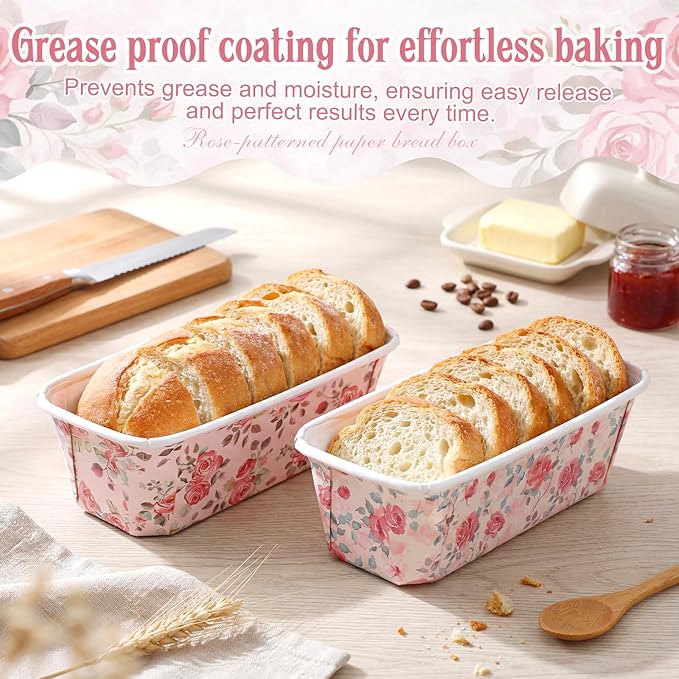 LemonRoad 100 Pcs Rose Mini Loaf Pans with Lids 6.3 x 2.2 x 2.2 Inch Floral Disposable Paper Baking Pan Bulk, Mothers Day Wedding Bridal Baby Shower Baking Party Supplies for Cake Bread Oven Bakery