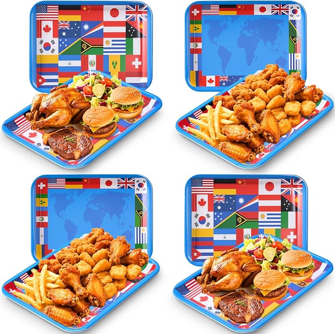 Vesici 4 Pack World Flag Serving Trays 13x10 Melamine Platters for Around the World Party Decorations, Rectangular International Map Dishes for Multicultural Global Theme Appetizers, Missionary Events
